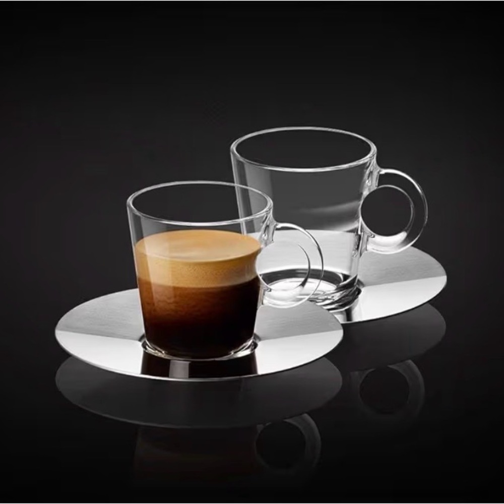 Nespresso Clear Glass Espresso Cups with Silver Saucers. Set of 6